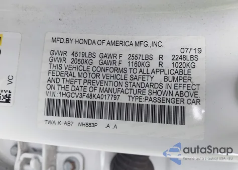 2019 Honda Accord Hybrid Ex z USA, uszkodzony, nr VIN 1HGCV3F48KA017797